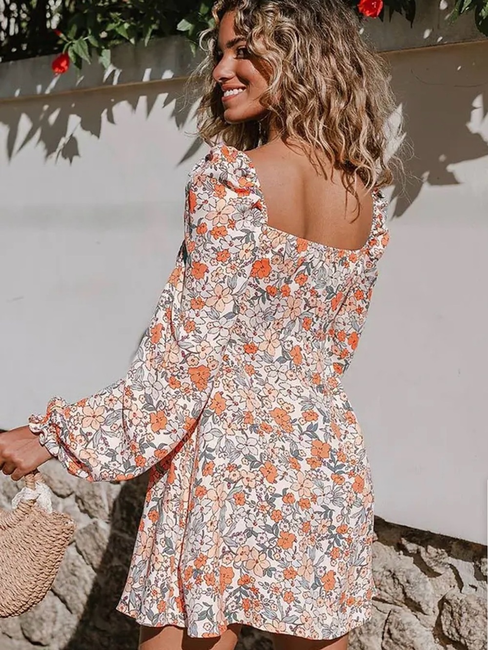 Floral Square-Neck Long-Sleeve Mini Dress - Orange Floral